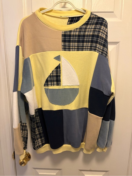 Handmade Sweaters - Handmade One-of-A-Kind Patchwork Sailboat Crewneck Sweater - Yellow & Blue